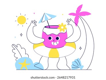 Hello Summer Vector Illustration Featuring the Sea, Beach, Sky, and Tropical Jungle Leaves in a Cute Character Activity Flat Style Cartoon Background