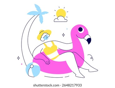 Hello Summer Vector Illustration Featuring the Sea, Beach, Sky, and Tropical Jungle Leaves in a Cute Character Activity Flat Style Cartoon Background