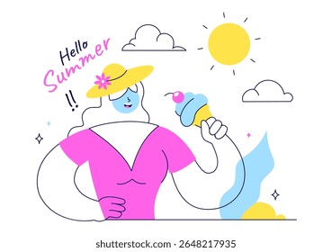 Hello Summer Vector Illustration Featuring the Sea, Beach, Sky, and Tropical Jungle Leaves in a Cute Character Activity Flat Style Cartoon Background