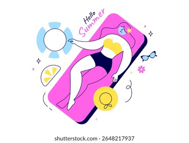 Hello Summer Vector Illustration Featuring the Sea, Beach, Sky, and Tropical Jungle Leaves in a Cute Character Activity Flat Style Cartoon Background