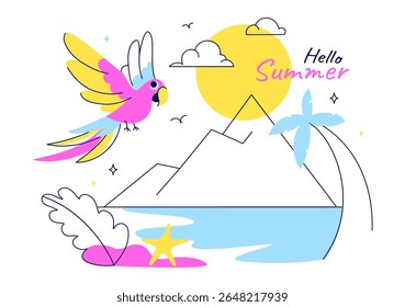 Hello Summer Vector Illustration Featuring the Sea, Beach, Sky, and Tropical Jungle Leaves in a Cute Character Activity Flat Style Cartoon Background