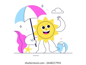 Hello Summer Vector Illustration Featuring the Sea, Beach, Sky, and Tropical Jungle Leaves in a Cute Character Activity Flat Style Cartoon Background