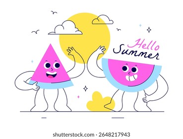Hello Summer Vector Illustration Featuring the Sea, Beach, Sky, and Tropical Jungle Leaves in a Cute Character Activity Flat Style Cartoon Background