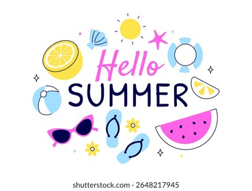 Hello Summer Vector Illustration Featuring the Sea, Beach, Sky, and Tropical Jungle Leaves in a Cute Character Activity Flat Style Cartoon Background