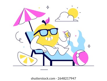Hello Summer Vector Illustration Featuring the Sea, Beach, Sky, and Tropical Jungle Leaves in a Cute Character Activity Flat Style Cartoon Background