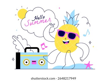 Hello Summer Vector Illustration Featuring the Sea, Beach, Sky, and Tropical Jungle Leaves in a Cute Character Activity Flat Style Cartoon Background