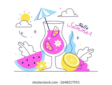 Hello Summer Vector Illustration Featuring the Sea, Beach, Sky, and Tropical Jungle Leaves in a Cute Character Activity Flat Style Cartoon Background