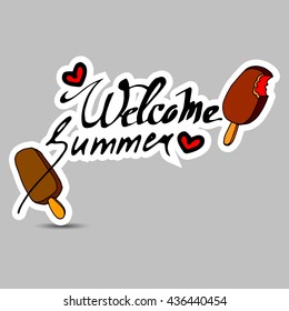 Hello Summer vector illustration. Summer food. Summer fun. Summer fun quote. Summer poster, with ice cream. Hello summer typographic inscription on the background of ice cream