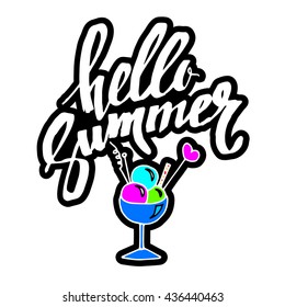 Hello Summer vector illustration. Summer food. Summer fun. Summer fun quote. Summer poster, with ice cream. Hello summer typographic inscription on the background of ice cream