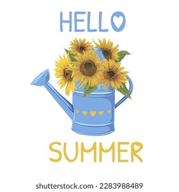 Hello summer vector illustration with garden watering can and a bouquet of sunflowers. vector illustration with a summer bouquet colored in the colors of the ukrainian flag