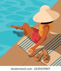 Hello summer. Vector illustration of girl on vacation, wearing hat by the pool. Summer vacation, relax, drink, sun, tan, swim. Ideal for vacation, travel and lifestyle content