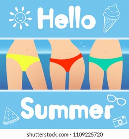 Hello summer. Vector illustration. Girls in bikinis