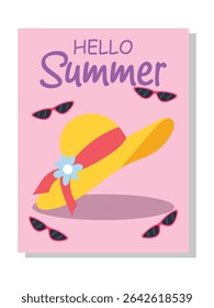 Hello Summer Vector Illustration with Hat and Sunglasses on Pink Background.