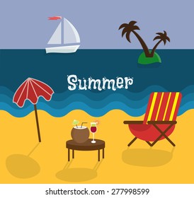 Hello summer vector illustration. Summer holidays  set with sky, ocean, sailer, deck chair and cocktails. 
