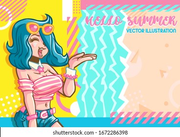 Hello summer: vector illustration
Horizontal posters size. With abstract graphic the 80's style a  backdrop And there was a young girl standing in front.
Used for poster, banner, brochure, advertiseme