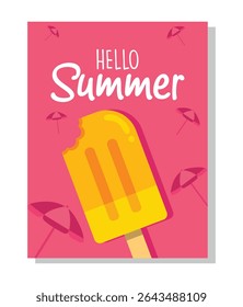 Hello Summer, Vector Illustration of Ice Cream and Parasol on Pink Background.