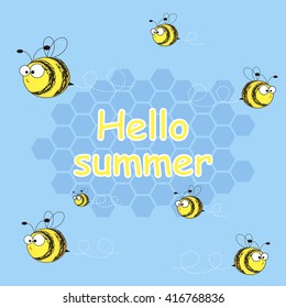 Hello summer. Vector illustration. Image of flying bees. Funny bees. Frame for text cells.