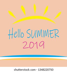 Hello Summer Vector illustration. Lettering composition with doodle sun and wavy.Handwritten calligraphy design.