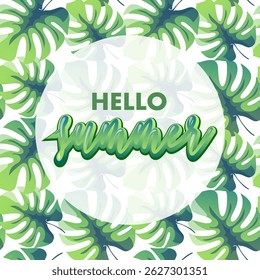 hello summer vector illustration with monstera leaves