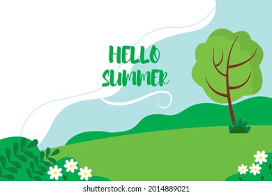 Hola ilustración vectorial de verano. El entorno natural con árboles y flores.