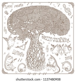 Hello Summer vector illustration of old hand drawn tree with lush foliage, and fairy tale dragons plying music.Brown doodle contour on a white background. Tee shirt print, adults coloring book page