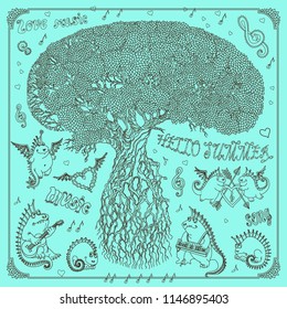 Hello Summer vector illustration of old hand drawn tree with lush foliage, and fairy tale dragons plying music.Brown doodle contour on a turquoise background. Tee shirt print, poster, invitation card