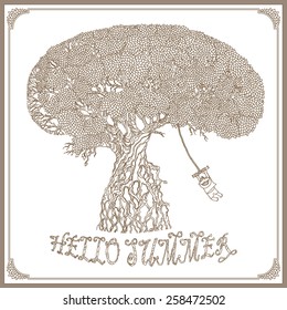 Hello Summer vector illustration of old hand drawn tree, and boy rides a bungee. Brown and beige colors, retro style.