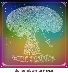 Hello Summer vector illustration of old hand drawn tree, and boy rides a bungee. White contours on a colored background
