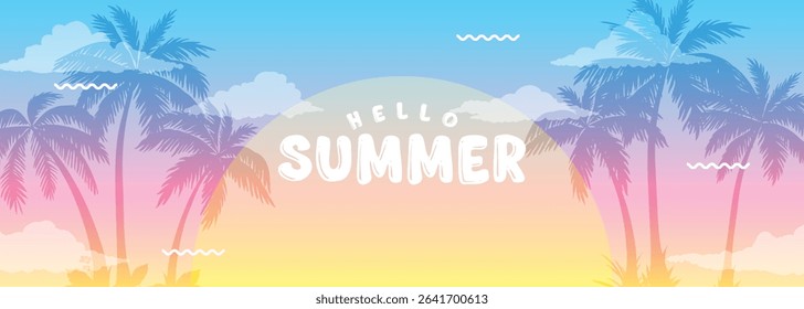 Hello Summer: Vector Illustration with Palm Trees and Gradient Sky Background.