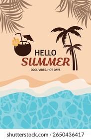 Hello Summer Vetor Ilustração com palmeiras e coquetel.
