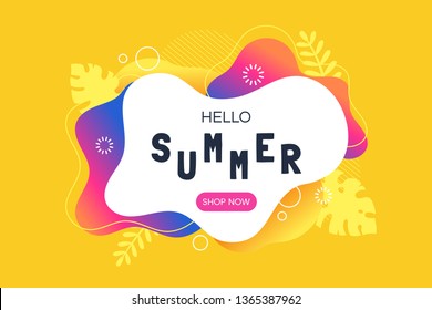 Hello summer vector illustration. Summer sale web banner template. Colorful abstract background with silhouettes of tropical leaves. Promotion offer. Applicable for flyer, social networks, poster.