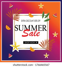 Hello summer vector illustration. Summer sale web banner template. Colorful abstract background with tropical leaves. Promotion offer. Applicable for flyer, social networks, poster. in eps 10