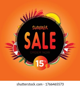 Hello summer vector illustration. Summer sale web banner template. Colorful abstract background with tropical leaves. Promotion offer. Applicable for flyer, social networks, poster. in eps 10