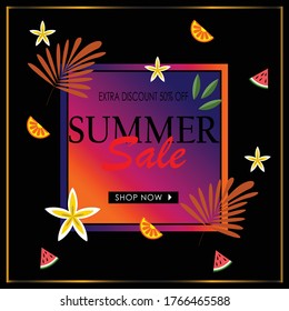 Hello summer vector illustration. Summer sale web banner template. Colorful abstract background with tropical leaves. Promotion offer. Applicable for flyer, social networks, poster. in eps 10