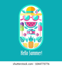 Hello summer. Vector illustration. A set of clipart on the theme of summer, vacation, sea, resort, fruit.