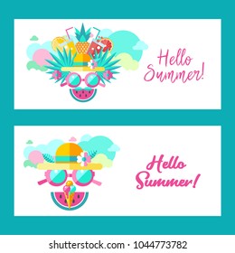 Hello summer. Vector illustration. A set of clipart on the theme of summer, vacation, sea, resort, fruit.