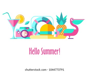 Hello summer. Vector illustration. A set of clipart on the theme of summer, vacation, sea, resort, fruit.