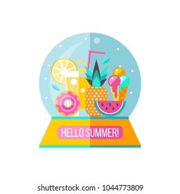 Hello summer. Vector illustration. A set of clipart on the theme of summer, vacation, sea, resort, fruit.