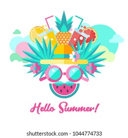 Hello summer. Vector illustration. A set of clipart on the theme of summer, vacation, sea, resort, fruit.