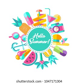 Hello summer. Vector illustration. Set of cliparts in flat style on the theme of summer vacation.