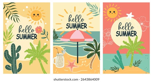 Hello Summer Vector Illustration Set, Cartoon Style