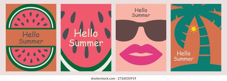 Hello Summer vector illustration Set. watermelon designs, cute lips with sunglasses, and tropical palm tree elements. Perfect for summer posters, greeting cards, social media graphics,