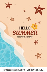 Hello Summer Vector Illustration with Starfish and Hibiscus.