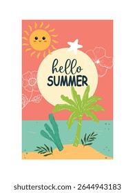 Hello Summer Vector Illustration With Sun, Palm Tree and Cactus