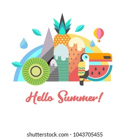 Hello summer. Vector illustration.  Toucan on a background of a mountain landscape, a rainbow, a waterfall, tropical fruit. Pineapple, watermelon, kiwi. In the sky balloon.
