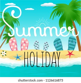 Hello Summer vector illustration with tropical beach and blue sky background for banner, flyer, poster or web site design.