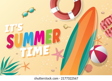 Hello Summer vector illustration with tropical beach and blue sky background for banner, flyer, poster or web site design.