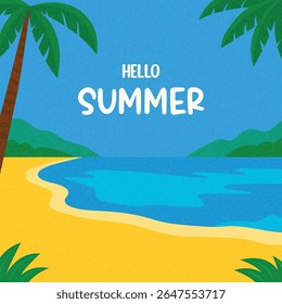 Hello Summer Vector Illustration. Tropical Beach Background with Palm Trees, Ocean View and Sandy Shore. Sunny Vacation Banner, Holiday Greeting Card, Travel Poster Design, Relaxing Seaside Scene