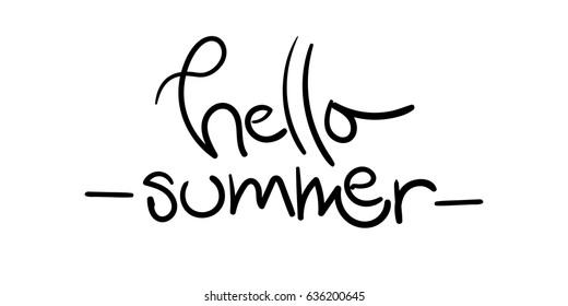 Hello Summer Vector Illustration with Unique Hand Drawn Brush Lettering. Handwritten Funny Style. Hipster Quote for Poster, Sticker, Sale Banner, Badge, Pin, Blog.