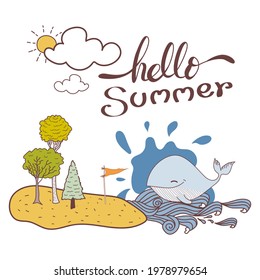 Hello Summer, vector, illustration, vacation, summer doodles drawing, and coloring. Draw vector illustration design sea and whale with summer and cartoon style.